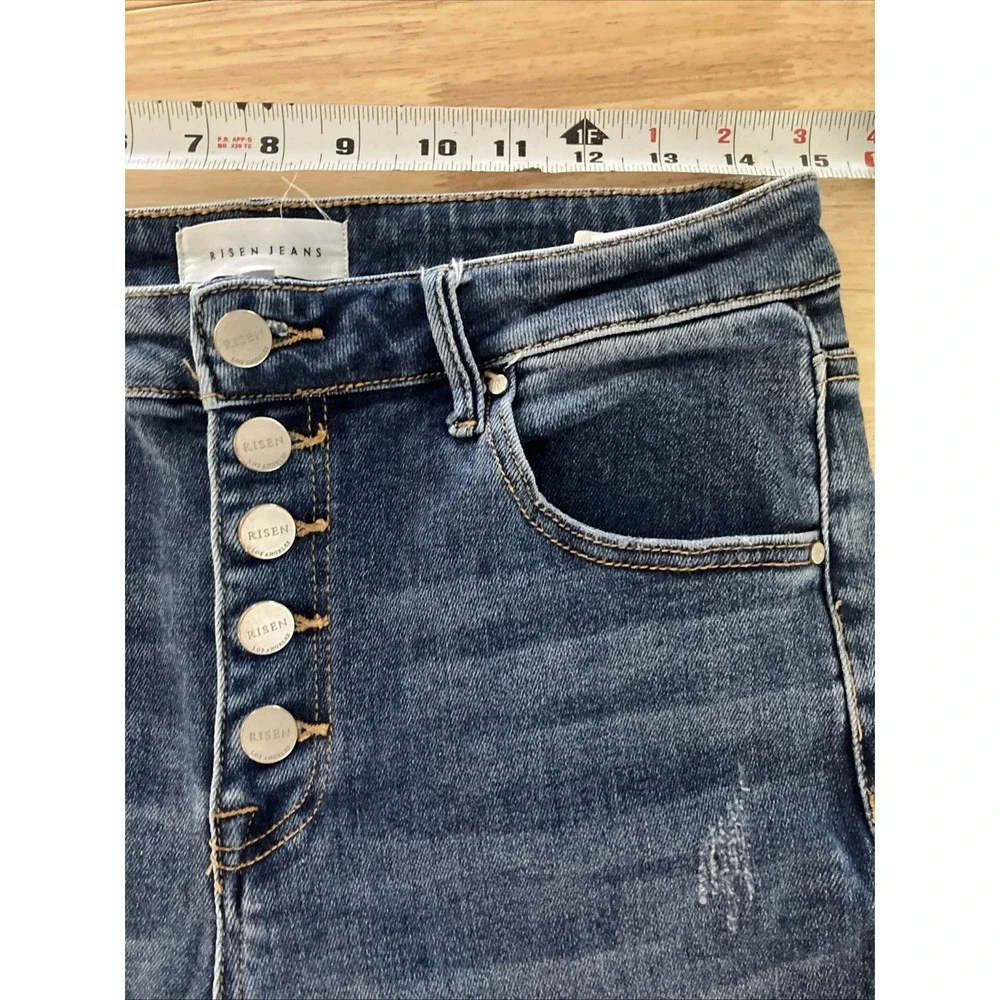 Risen Jeans Womens 11/30 Button Fly Wide Leg Frayed Hem Distressed Denim Blue
